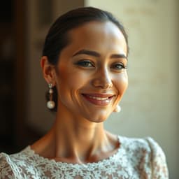 Graceful woman in a lace dress with pearl earrings, smiling softly in a timeless, neutral-toned setting.