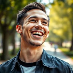 Energetic young man in modern casual clothing, laughing in an outdoor park with vibrant natural light.