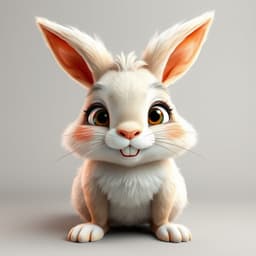 An anthropomorphic rabbit with exaggerated facial expressions, emphasizing long ears, soft white fur, and a cheerful personality.