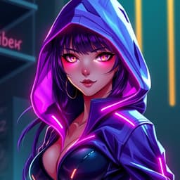 A sleek neon assassin with sharp, captivating eyes and a mysterious smirk, framed by her glowing purple hood and sleek bangs that catch the neon light