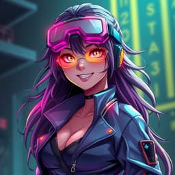 A mischievous futuristic hacker with vibrant, glowing goggles pushed up to reveal sharp, angular features and a playful grin that reflects their daring nature.