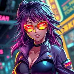 A bold neon street racer with glowing, reflective glasses that highlight their fierce, competitive gaze and a confident smirk framed by disheveled hair.