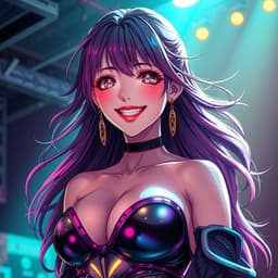 A dazzling cyberpunk idol with luminous, sparkling eyes and a joyful expression, her smooth skin glowing under holographic stage lights.