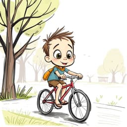 A child riding a bicycle through a park on a sunny day.