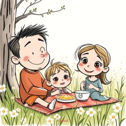 A family having a picnic in a meadow filled with flowers and soft sunlight.