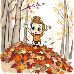 A child jumping into a pile of colorful autumn leaves in a forest.