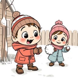 Children in winter gear having a snowball fight in a snowy yard.