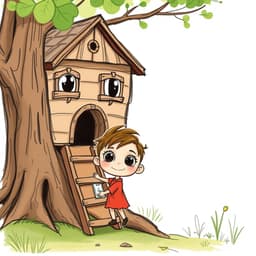  A child climbing up to a treehouse with friends.