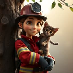 A female firefighter rescuing a kitten from a tree