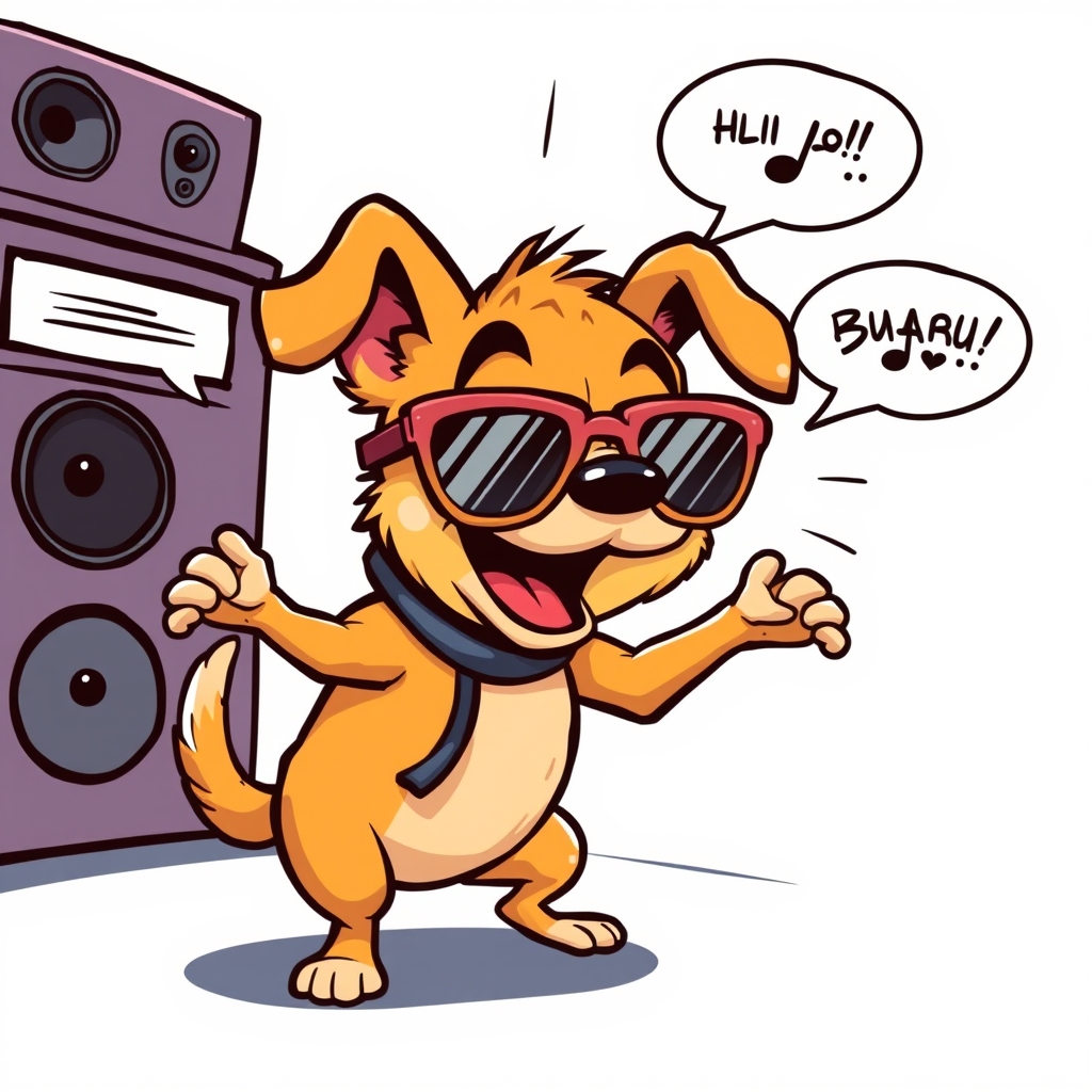 A playful scene where a dog is grooving to music, wearing oversized sunglasses and striking ridiculous dance poses.