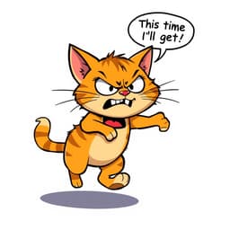 A furious cat spinning in circles, wide-eyed, chasing its tail, with motion lines and a speech bubble saying, "This time I'll get it!