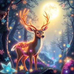 A magical deer with luminous antlers standing in a glowing, enchanted forest under a radiant moon