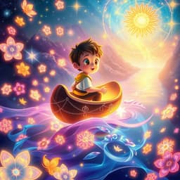 A boy sailing a glowing boat across a river of light surrounded by shimmering flowers and cosmic patterns