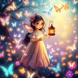 A girl holding a glowing lantern, walking through a kaleidoscopic meadow filled with radiant butterflies.