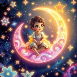 A child sitting on a glowing crescent moon, surrounded by swirling constellations and radiant stars.