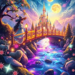 A glowing bridge over a radiant, enchanted river leading to a magical castle surrounded by shimmering colors