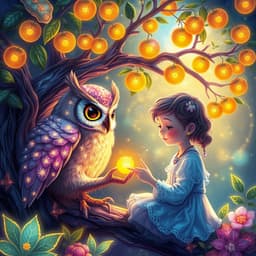 A curious owl with sparkling feathers teaching a child under a tree full of glowing fruit