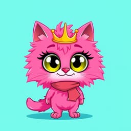 A cute, anthropomorphic cat with big expressive eyes, wearing a tiny crown and a playful scarf. Its fur is bright pink and fluffy, standing proudly against a contrasting turquoise background.