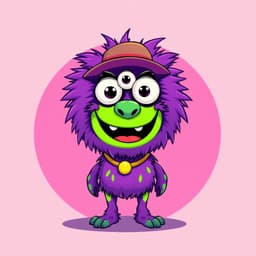 A fluffy, goofy monster with multiple eyes and a wide, goofy smile, wearing a funny hat. Its body is purple with bright green accents, and it stands happily on a bold pink background