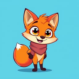 An anthropomorphic fox with bright orange fur, large curious eyes, and a playful smile. It wears a cozy scarf and stands confidently against a bright blue background.