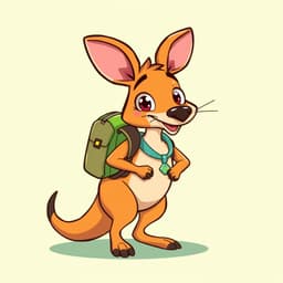 A playful, cartoon-style kangaroo with large ears and a strong, muscular build, wearing a fun backpack. The kangaroo’s body is light brown, with its powerful tail curling behind it as it stands on a soft green background