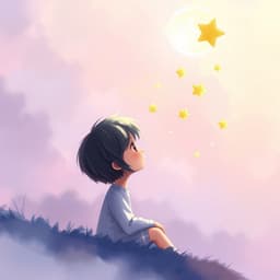 gazing at floating golden stars in a soft pastel sky