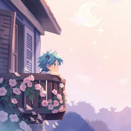 A dreamy boy with messy blue hair leans on a wooden balcony covered in flowers, watching the glowing stars float in the soft pastel night sky.