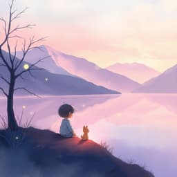 A small child and their tiny pet sit peacefully by a glowing lake at dusk, watching fireflies dance above the water, surrounded by misty pastel mountains.