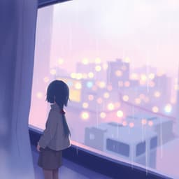 A quiet figure stands by a rainy window, their reflection merging with the glowing city lights outside. The raindrops create a soft, blurred effect, enhancing the nostalgic mood.