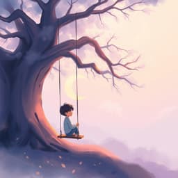 A dreamy young boy sits on a swing tied to a large, ancient tree, watching the crescent moon float low on the horizon, casting a warm golden glow.