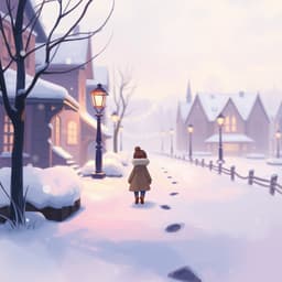 A small figure in a cozy coat walks through a snow-covered town under the soft glow of streetlights, their footprints disappearing behind them in the gentle snowfall.