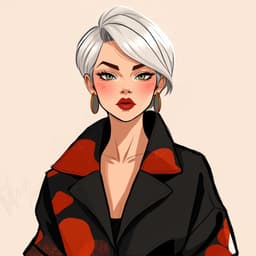 A confident woman with short silver hair, wearing an oversized black jacket with abstract red and orange patterns.