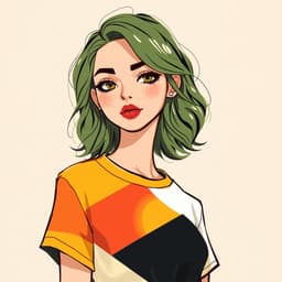 A young woman with wavy green hair and freckles, dressed in a geometric-patterned T-shirt with bold yellow, red, and black colors.