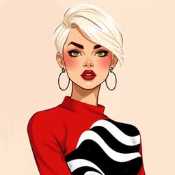 A confident woman with short platinum blonde hair, sharp eyebrows, and a bold red outfit featuring wavy abstract shapes in black and white.