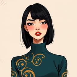 A mysterious woman with straight jet-black hair, wearing a high-necked dark teal blouse with intricate swirling patterns in contrasting gold.