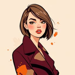 A fashionable woman with a short asymmetrical bob, wearing a deep burgundy coat with abstract color splashes in beige and soft orange.