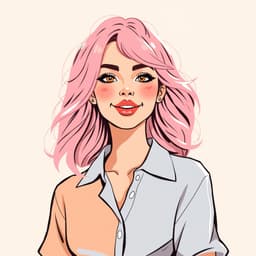 A lively young woman with pastel pink hair in loose waves, wearing a minimalist, stylish shirt with delicate line art patterns in soft peach and blue.