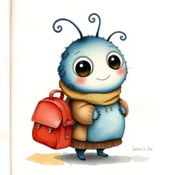 A cute blue backpack-shaped creature with large round eyes, curly antennae, and tiny feet, carrying a small red schoolbag on one strap.