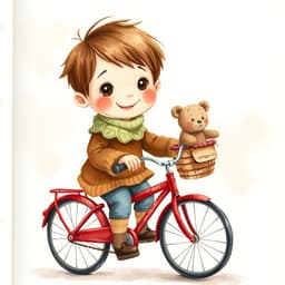 A happy young boy with short brown hair, riding a red bicycle with a small teddy bear sitting in the back basket, wearing a warm knitted sweater.