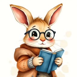  curious rabbit with floppy ears, wearing round glasses and a small blue cardigan, holding a tiny book with an eager expression.