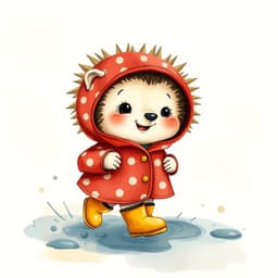 A small, whimsical hedgehog wearing a red polka-dot raincoat and yellow boots, splashing through puddles with a delighted grin.