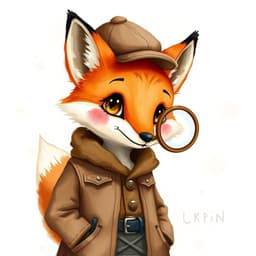 A mischievous fox wearing a brown vest and a matching newsboy cap, holding a magnifying glass as if solving a mystery.