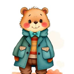 an anthropomorphic bear wearing a teal overcoat with patch pockets, a bow tie, and brown pants