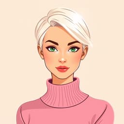 A confident woman with short platinum blonde hair, green eyes, and a soft pink sweater.