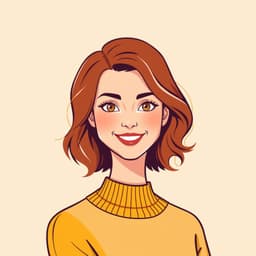 A cheerful young woman with shoulder-length wavy auburn hair, hazel eyes, and a mustard yellow sweater.