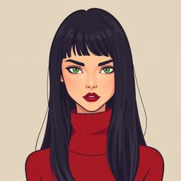 A mysterious woman with long jet-black straight hair, deep green eyes, and a red turtleneck sweater.