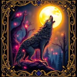 A lone wolf howling under a glowing full moon, with a mystical forest in the background