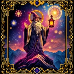 An ancient bearded wizard holding a lantern, standing on a mountaintop under a starry sky