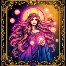 A celestial priestess with flowing hair and a crescent moon crown, surrounded by floating orbs of light.