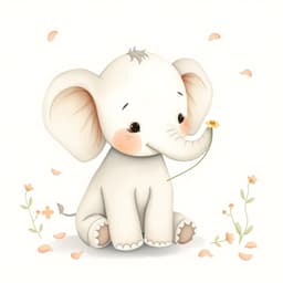 A baby elephant holding a tiny flower with its trunk, surrounded by floating petals.